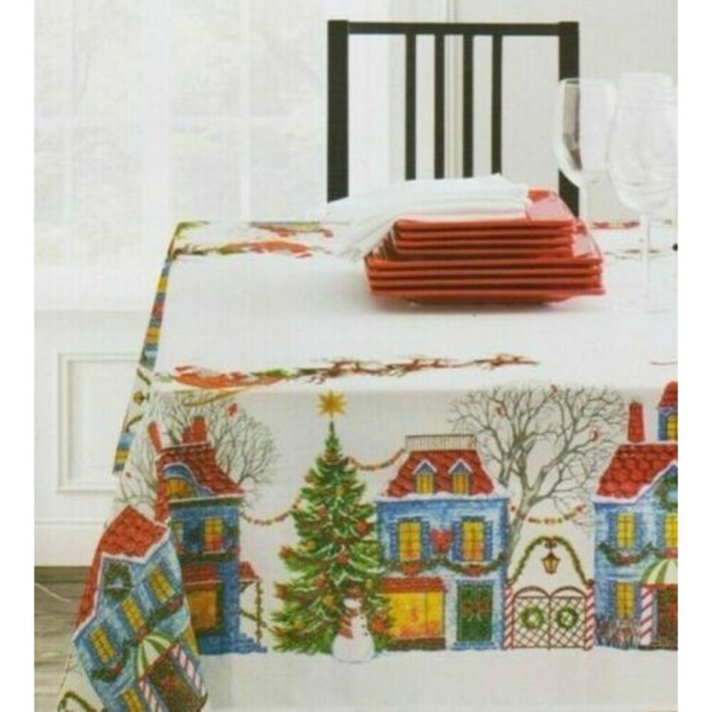 Christmas Village Fabric Cloth Tablecloth Jacquard Textured Printed 60x84 Oblong